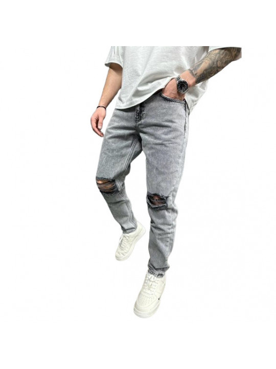 Men's High Quality Ripped Slim Fit Jeans | Light Grey