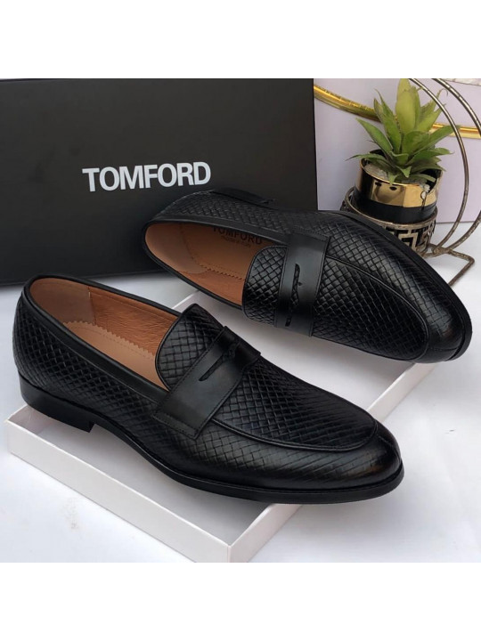 New Men's Tom Ford Netted Pattern Leather Penny Loafer | Black