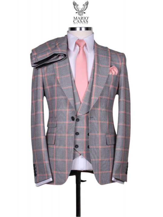 New Men Checked Patterned 3 Piece Suit | Grey & Pink