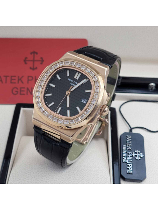 New Patek Philippe Nautilus Black Face Leather Watch with Stud | Gold| Black