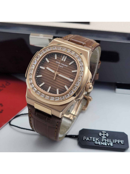 New Patek Philippe Nautilus Brown Face Leather Watch with Stud | Gold | Brown