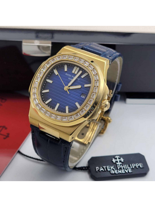 New Patek Philippe Nautilus Blue Face Leather Watch with Stud | Gold | Blue