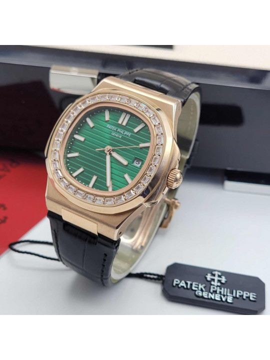 New Patek Philippe Nautilus Green Face Leather Watch with Stud | Gold | Black