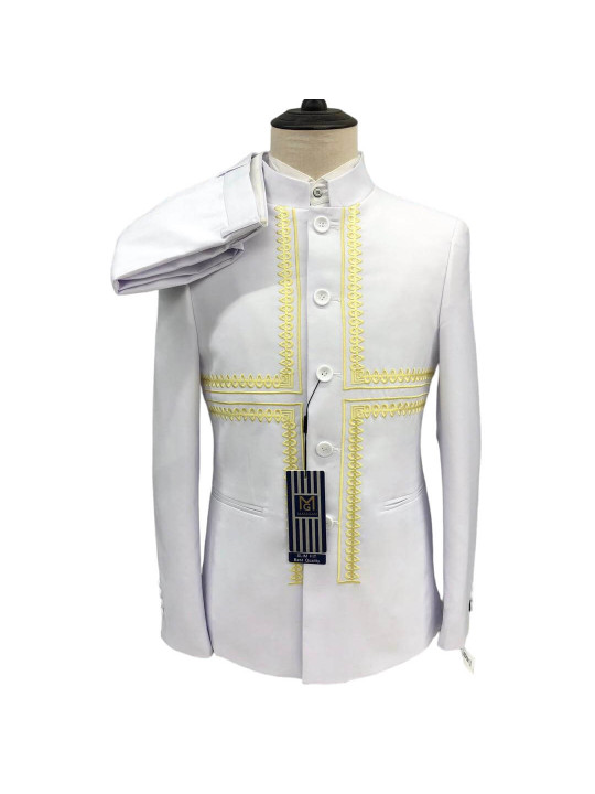 Men's 2 Piece Embroidered Stand Collar Suit | White