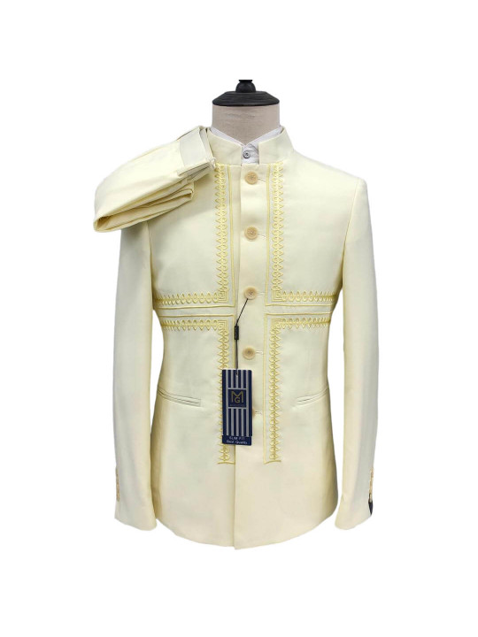 Men's 2 Piece Embroidered Stand Collar Suit | Yellow