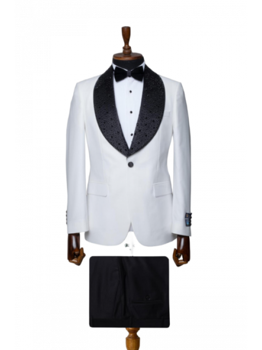 Men's Tuxedo with Shiny Black Shawl Lapel | White