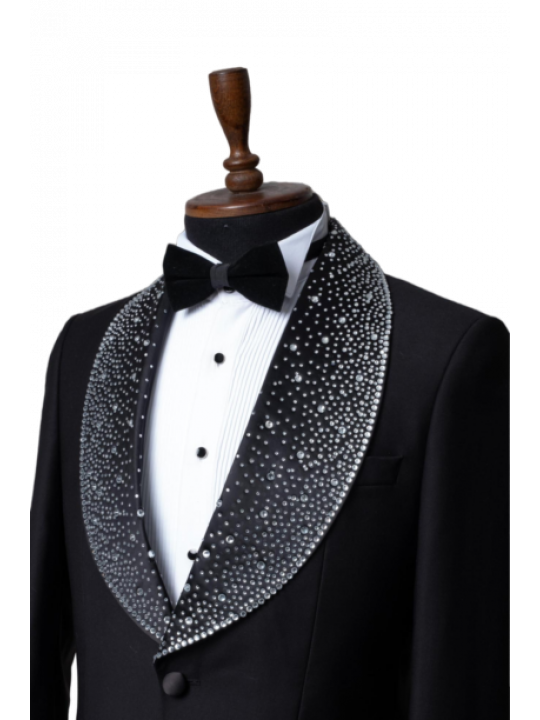 Men's Tuxedo with Shiny Silver Shawl Lapel | Black