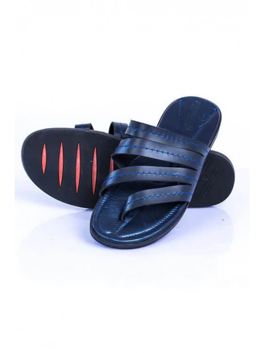 New Men's Kola Kudus Leather Slipper | Black & Blue