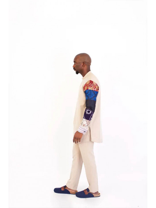New Men's Kola Kudus Kaftan Set With Ankara Sleeve Design | Beige