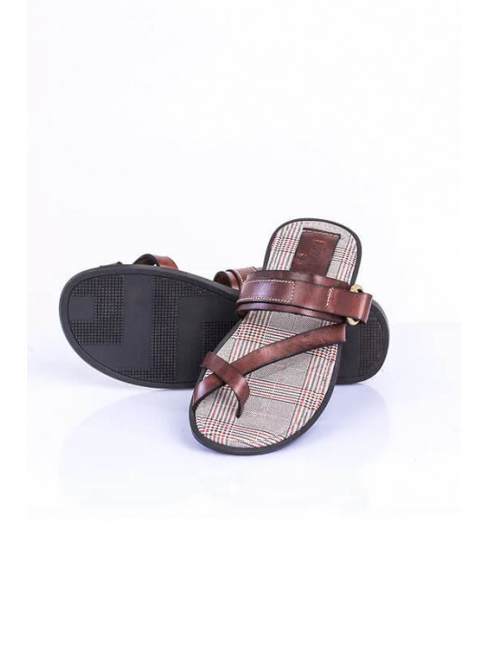 New Men's Kola Kudus Print Leather Slipper | Brown & Ash