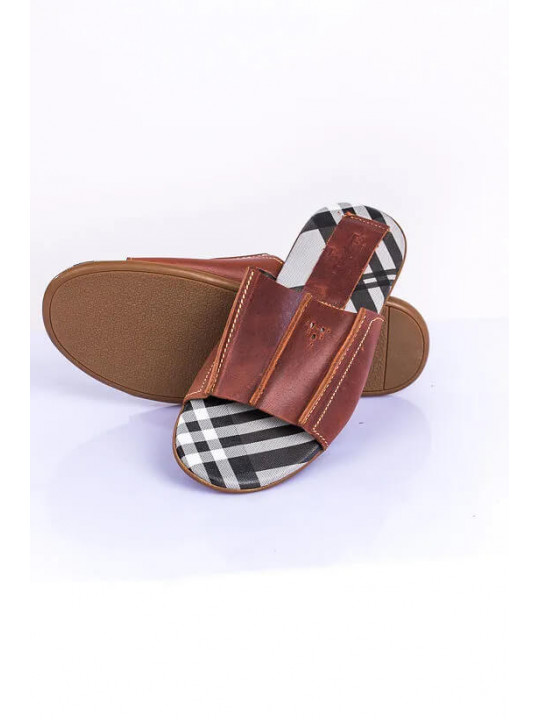 New Men's Kola Kudus Print Leather Slipper | Brown & White