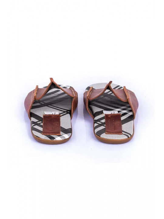 New Men's Kola Kudus Print Leather Slipper | Brown & White