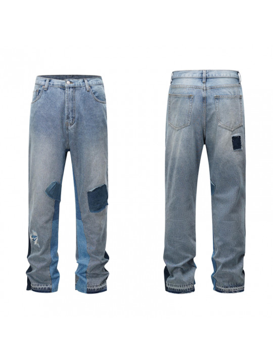 High Quality Straight Cut Jean with Patches | Faded Blue