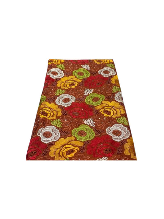 Swiss Viole Lace with Rose Pattern and Bead Fabrics (5 Yard) | Brown | Red | Gold
