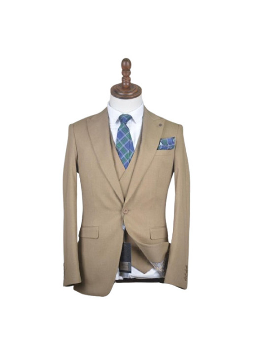 Hugo Two Button Three Piece Plain Premium Suit | Light Brown
