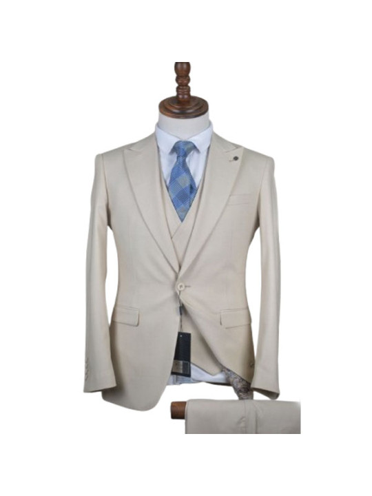 Hugo Two Button Three Piece Plain Premium Suit | Light Cream