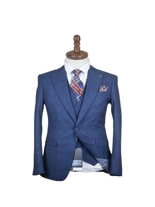 Hugo Two Button Three Piece Plaid Premium Suit | Blue