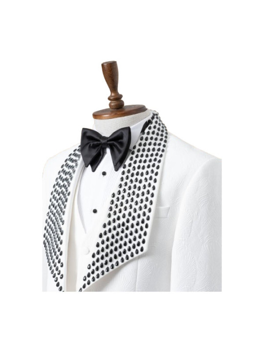 Marco Lorenzo Three Piece Black Rhinestones Plain Tuxedo | White
