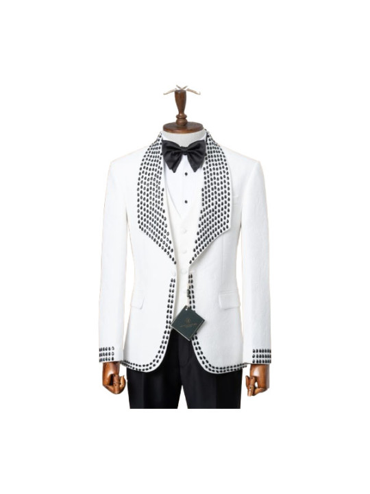 Marco Lorenzo Three Piece Black Rhinestones Plain Tuxedo | White
