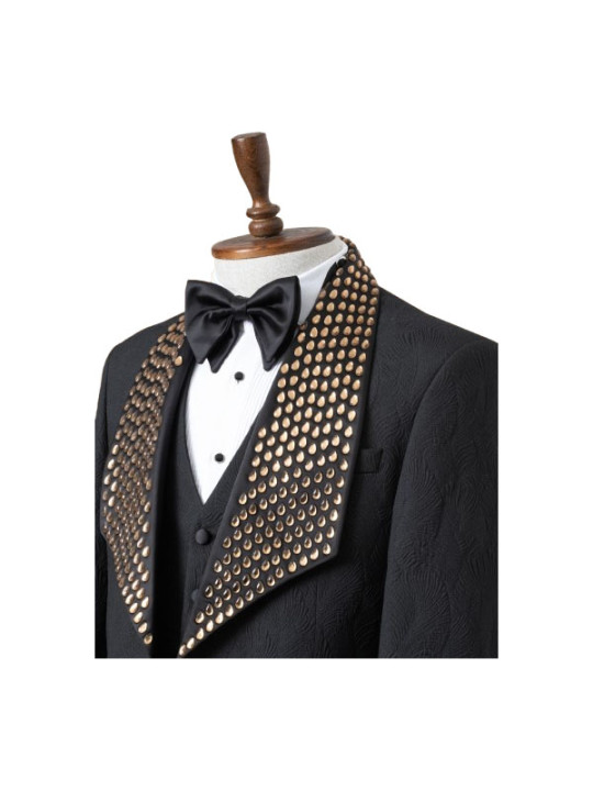 Marco Lorenzo Three Piece Gold Rhinestones Plain Tuxedo | Black