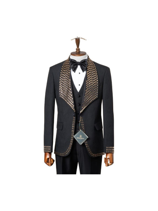 Marco Lorenzo Three Piece Gold Rhinestones Plain Tuxedo | Black