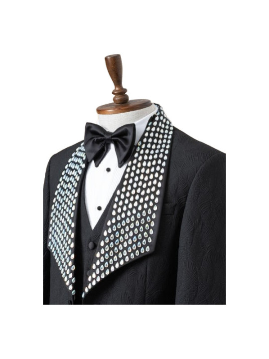 Marco Lorenzo Three Piece Silver Rhinestones Plain Tuxedo | Black