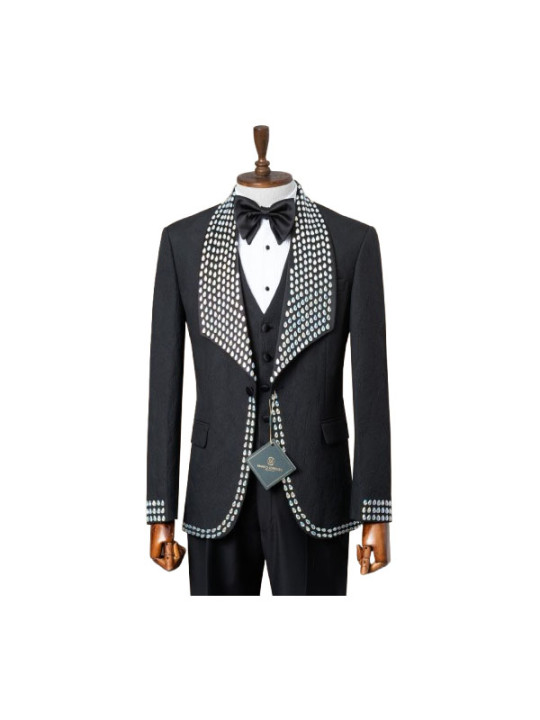 Marco Lorenzo Three Piece Silver Rhinestones Plain Tuxedo | Black