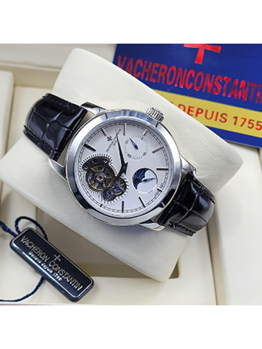Vacheron Constantin Leather Silver Frame Watch | Black