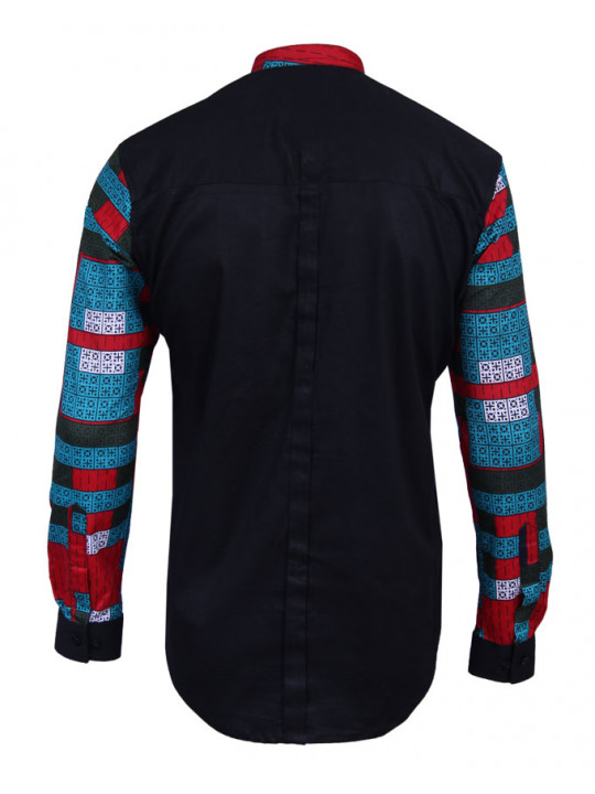 New DXS Premium LS Bishop neck shirt with Ankara Details - Black