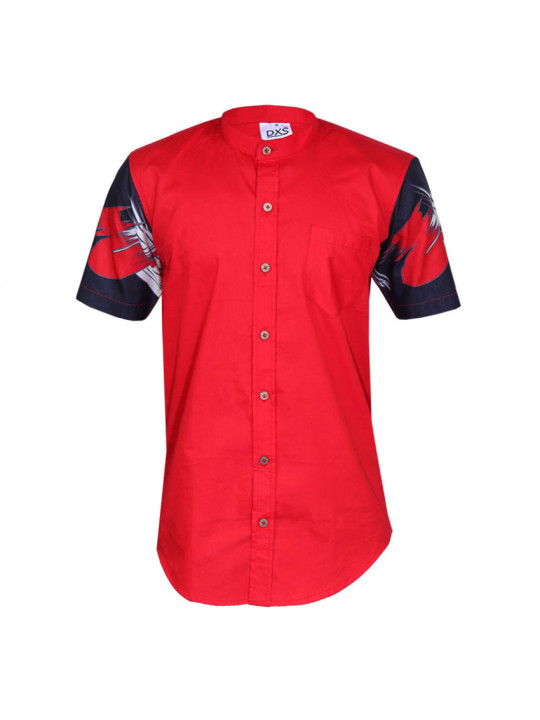 New DXS Premium SS Bishop neck shirt with Pattern & Wooden Button - Red