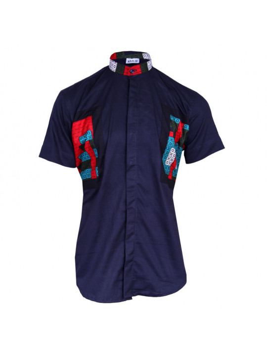 New DXS Premium SS Bishop neck shirt with Ankara Details | Navy Blue