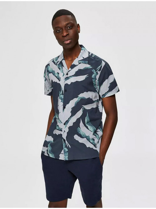 New Selected Homme Resort Floral Illustration Men SS Shirt | Shades of Green