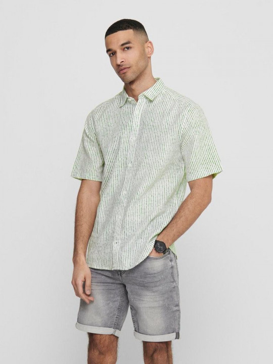 New Only & Sons SS Tieless Stripped Shirt | Green 