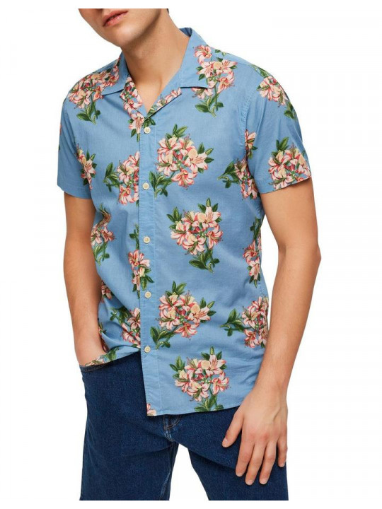 New Selected Resort Type Floral Illustration Men SS Shirt | Skye Blue