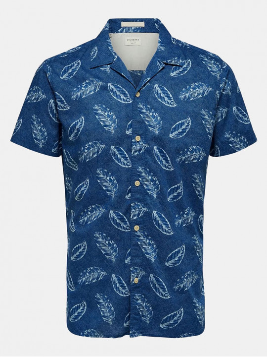 New Selected Travel Floral Illustration Men SS Shirt | Blue