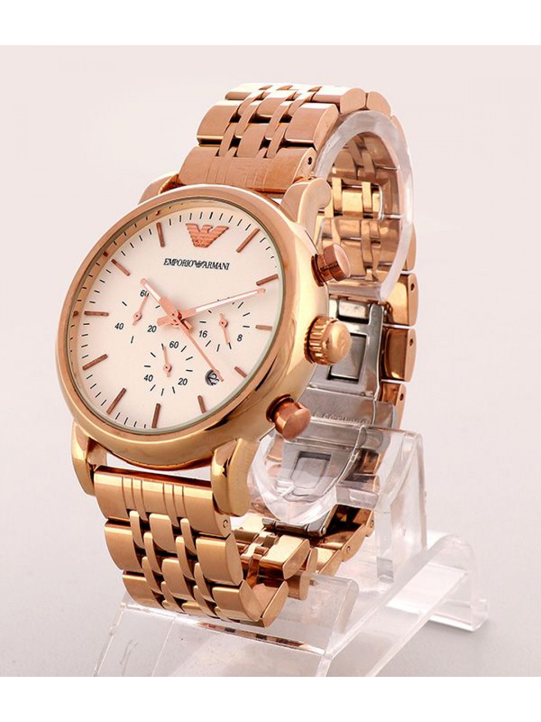 white and rose gold armani watch