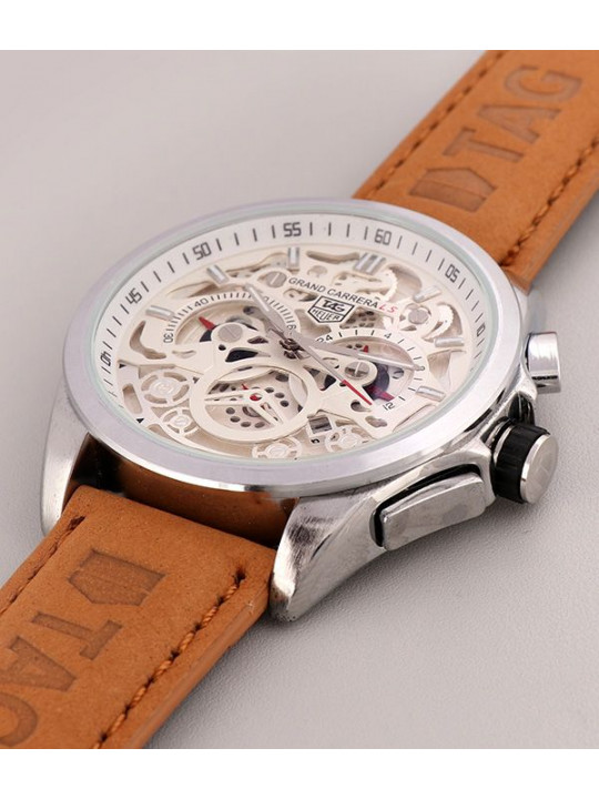 NEW TAG HEUER WHITE DIAL SILVER CASING LEATHER WATCH | BROWN