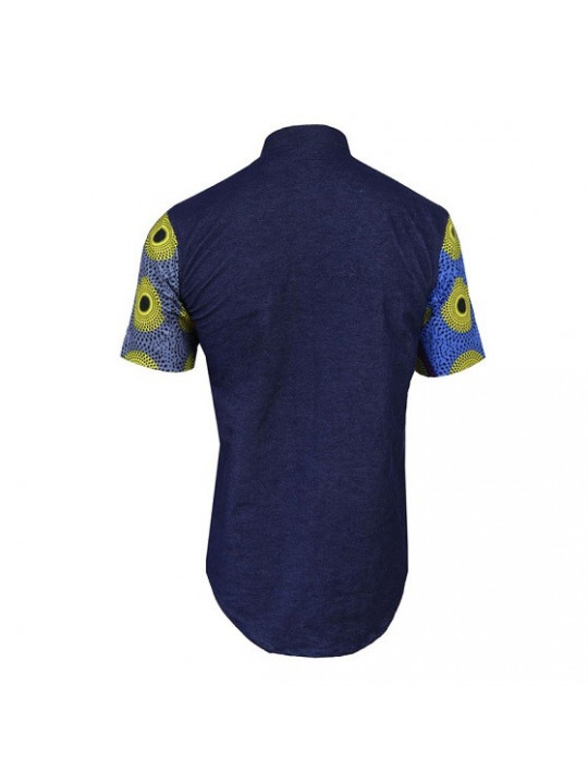 Shop Premium Short sleeved Denim shirt with Ankara Details - Navy Blue