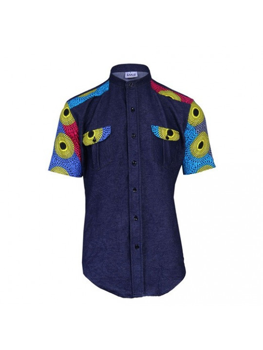 Shop Premium Short sleeved Denim shirt with Ankara Details - Navy Blue