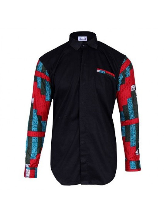Shop Premium Leather CMC Long sleeved shirt with Ankara Arm - Black
